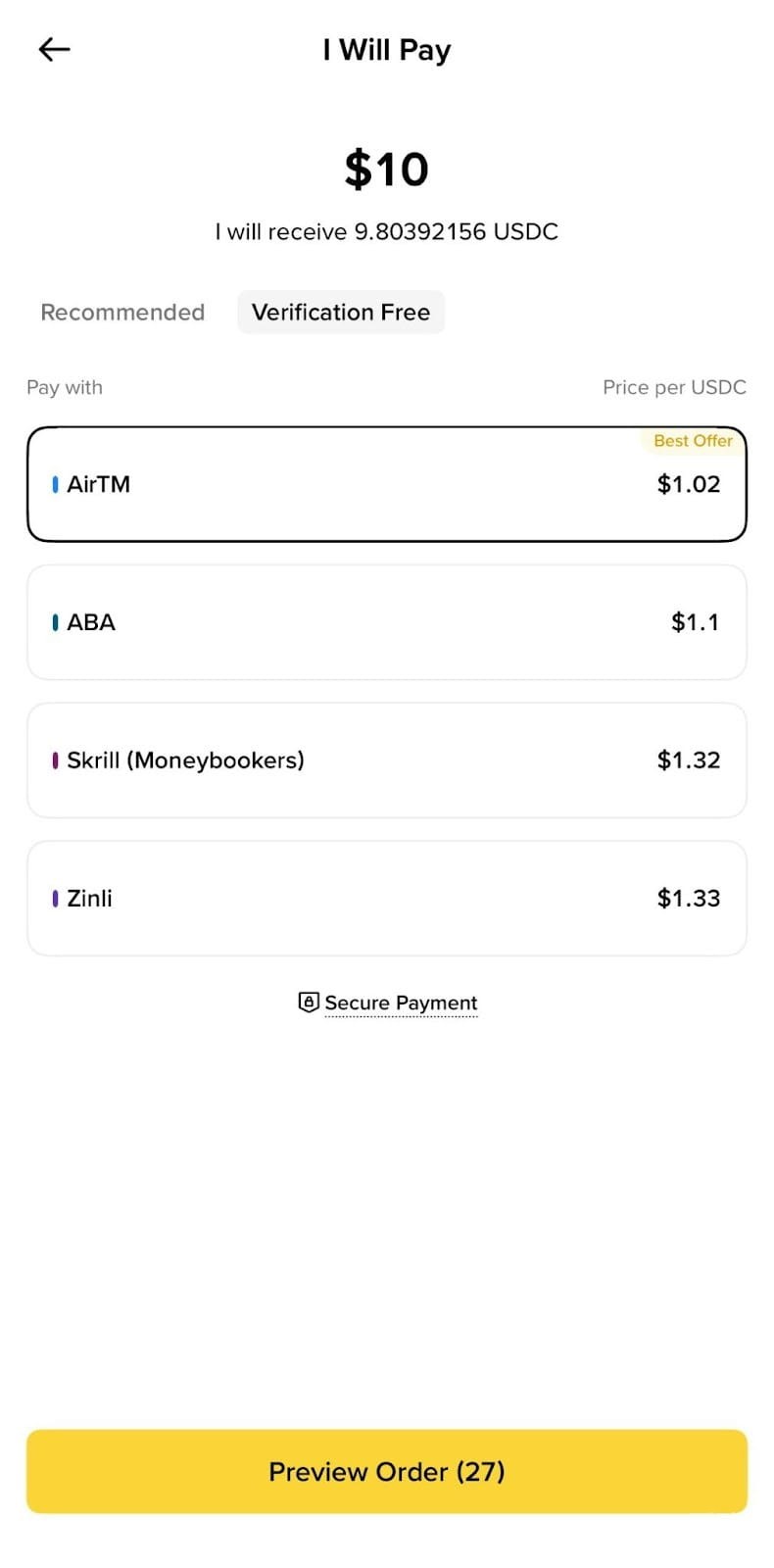 币安P2P金额和付款方式选择页面